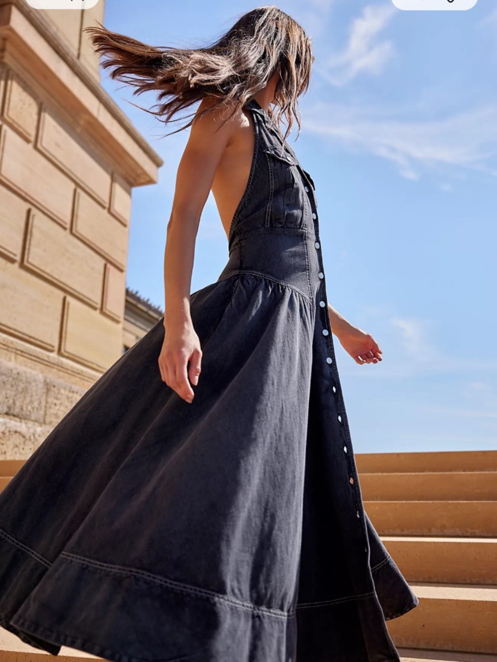 FP Free People Black Wash Denim Soundwave Halter Maxi dress Size Small